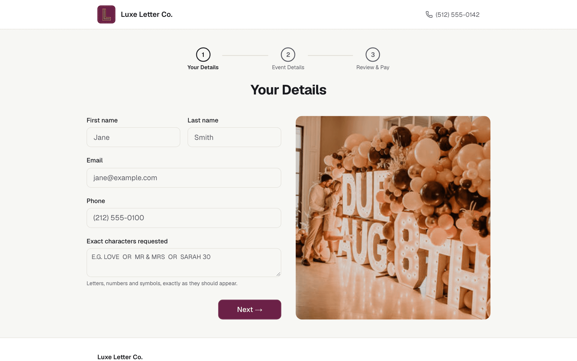 A marquee letter rental booking site in the business's own colors and logo